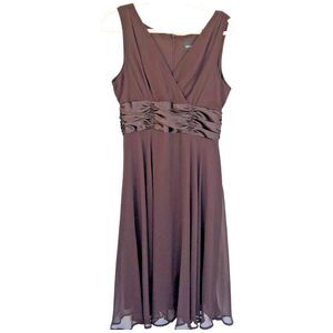 Connected Apparel Brown V-Neck Satin Ruched A-Line Cocktail‎ Dress Size 14